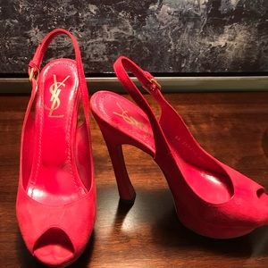 YSL RED SUADE OPEN TOE HEELS